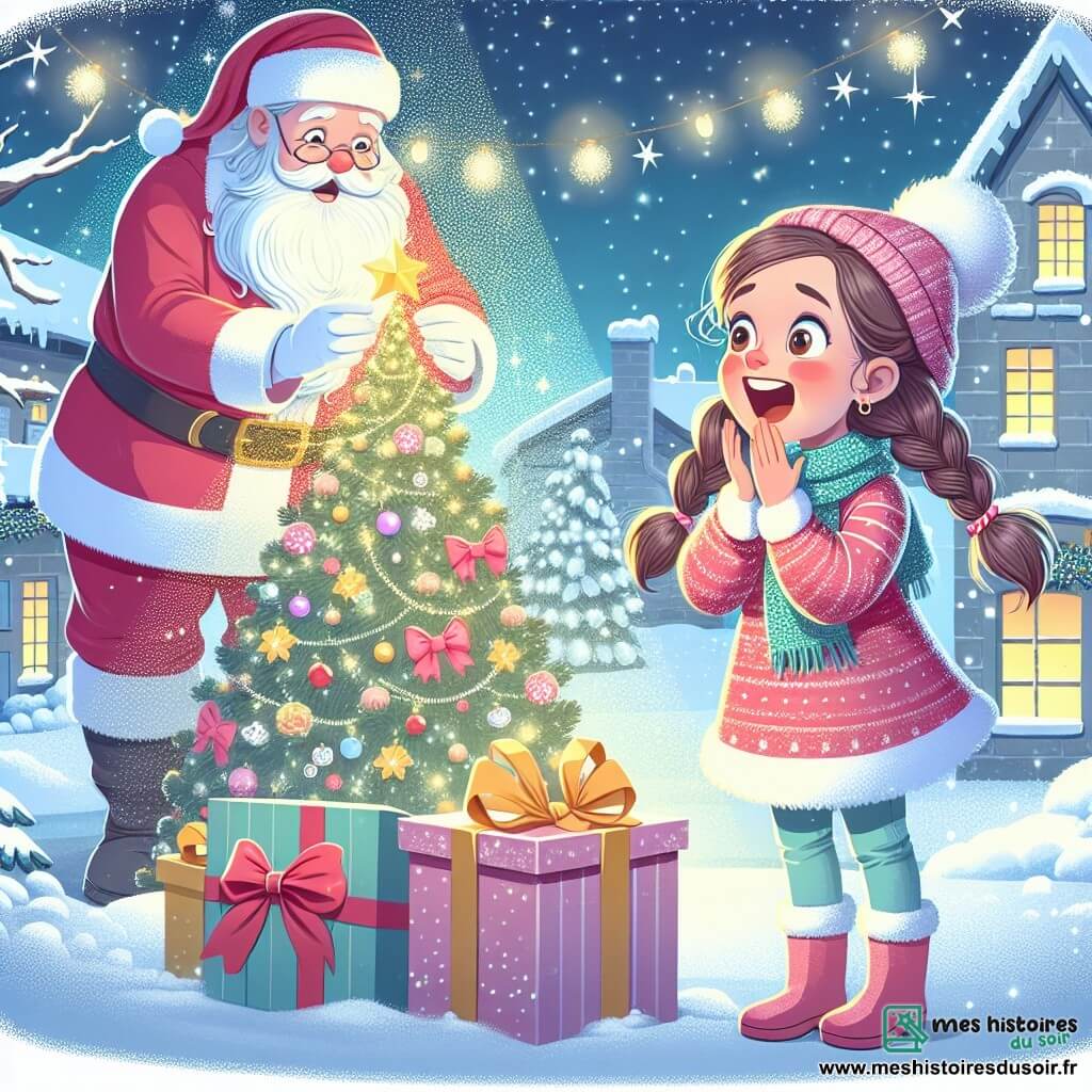 Une illustration destinée aux enfants représentant une fillette émerveillée découvrant le Père Noël déposant des cadeaux sous un sapin scintillant dans un village enneigé.