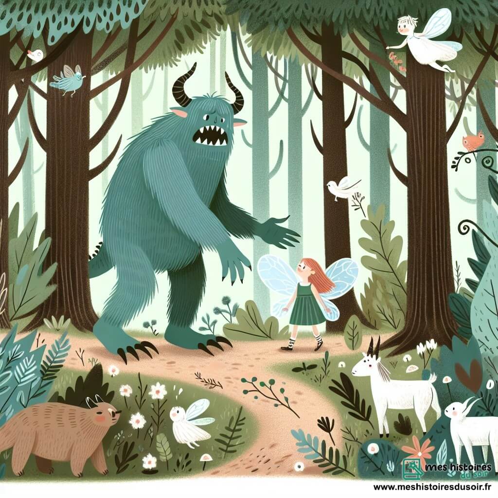 Une illustration destinée aux enfants représentant un monstre au cœur d'une forêt dense, aidé par une fée délicate, dans une forêt enchantée où les arbres se courbaient sous leur passage et les animaux les observaient avec curiosité.