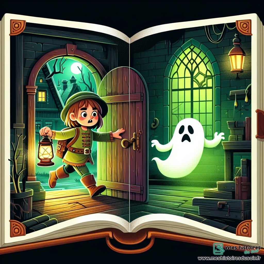 Une illustration destinée aux enfants représentant une petite fille courageuse explorant un manoir hanté avec l'aide d'un fantôme triste, entourée de portes grinçantes, de fenêtres poussiéreuses et d'une lueur verte mystérieuse, dans un village reculé et sombre.