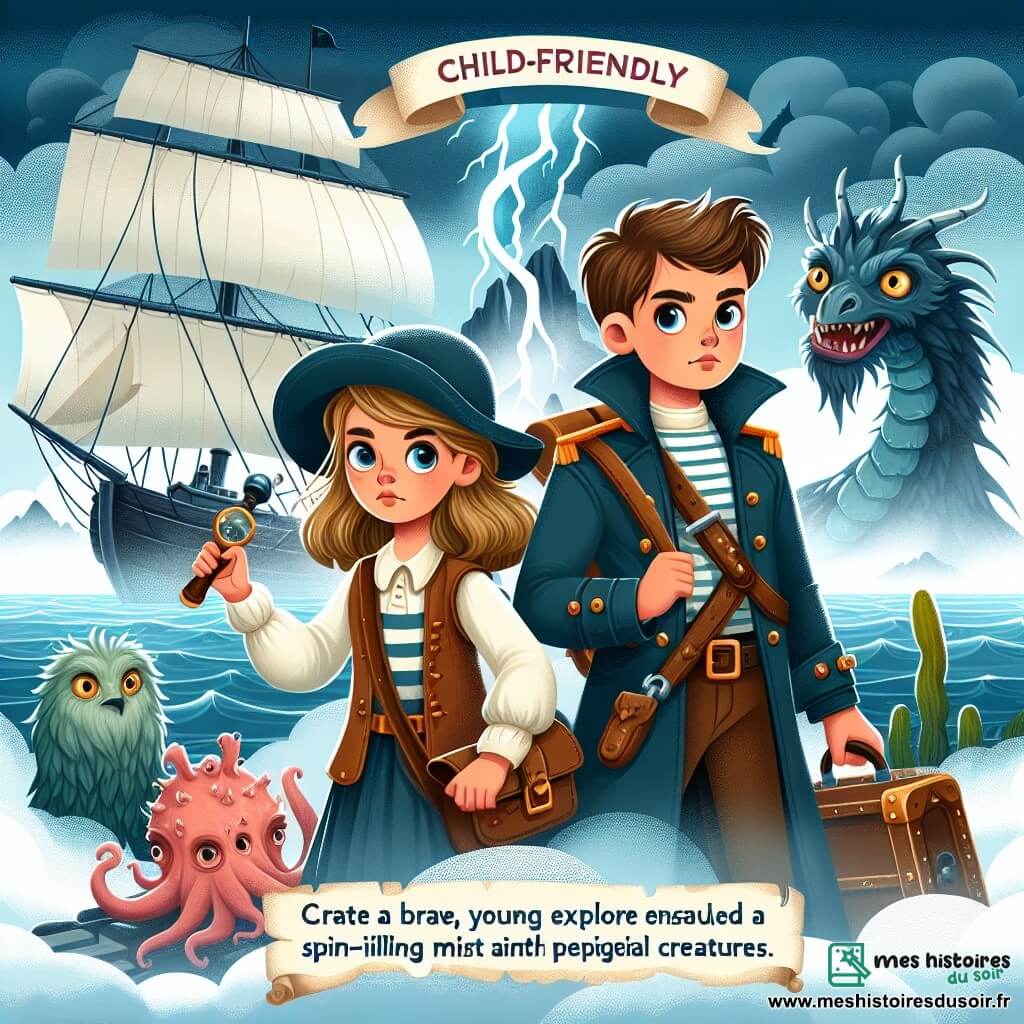 Une illustration destinée aux enfants représentant une jeune exploratrice courageuse, accompagnée d'un jeune marin loyal, naviguant vers l'île des Tempêtes, entourée d'une brume mystérieuse et peuplée de créatures étranges.