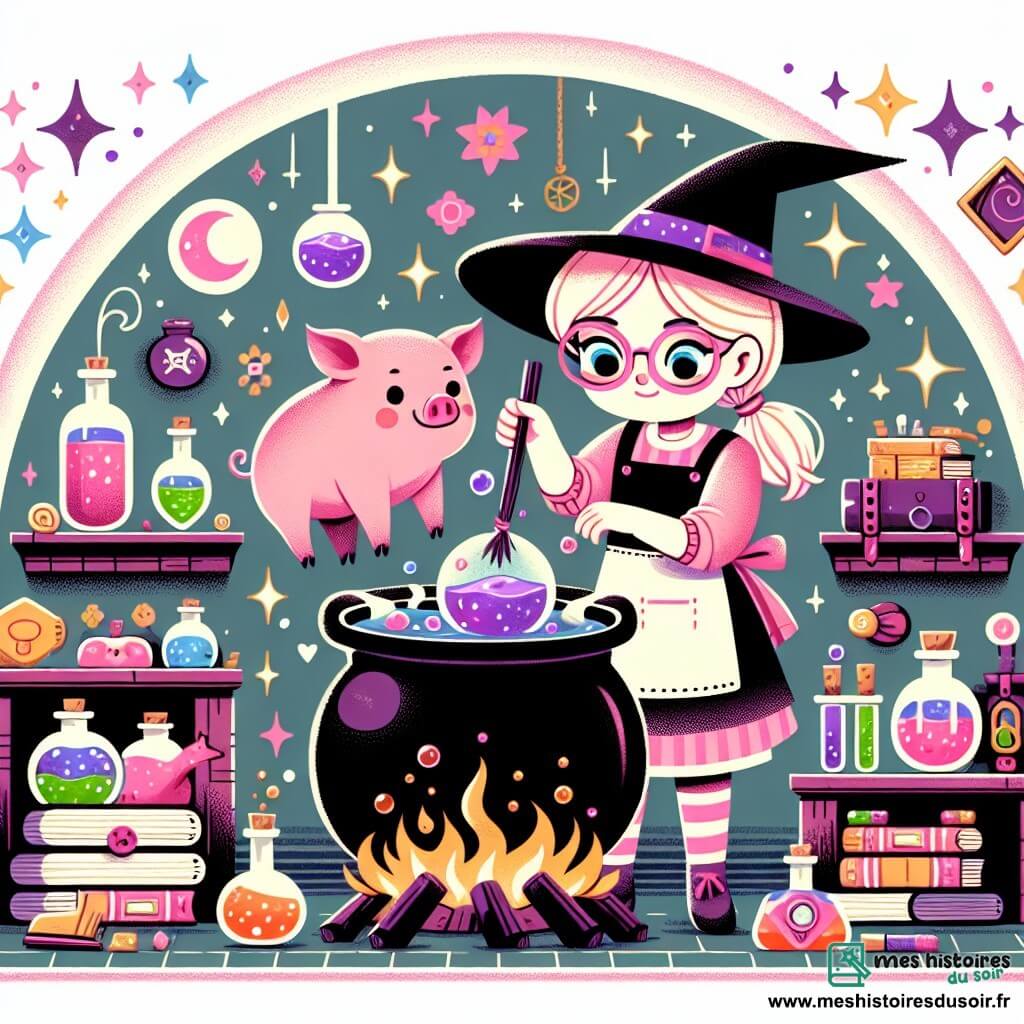 Une illustration destinée aux enfants représentant une apprentie sorcière fillette concoctant une potion magique avec l'aide d'un chat-cochon rose à pois violets, dans une chambre d'école de sorcellerie remplie de chaudrons bouillonnants, de grimoires colorés et de fioles étincelantes.
