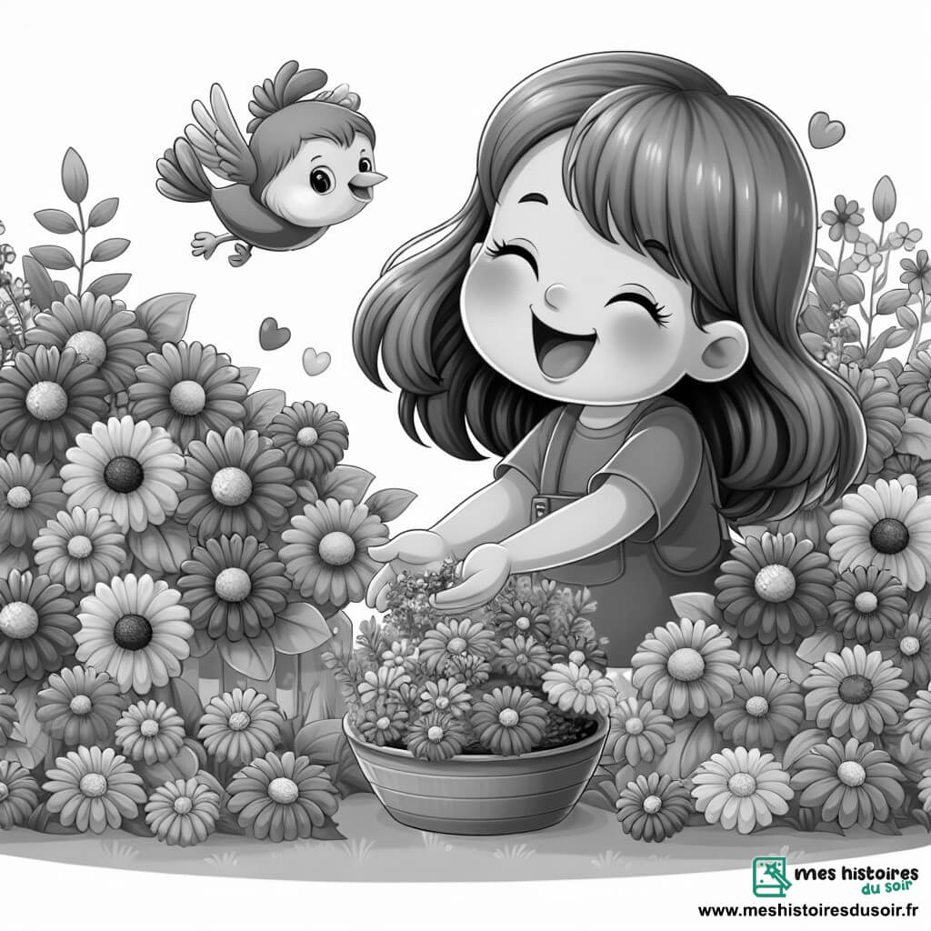 Une illustration destinée aux enfants représentant une fillette joyeuse et pleine d'amour préparant une chasse aux trésors pour sa maman, accompagnée d'un petit oiseau chanteur, dans un jardin fleuri aux couleurs éclatantes de la fête des mères.