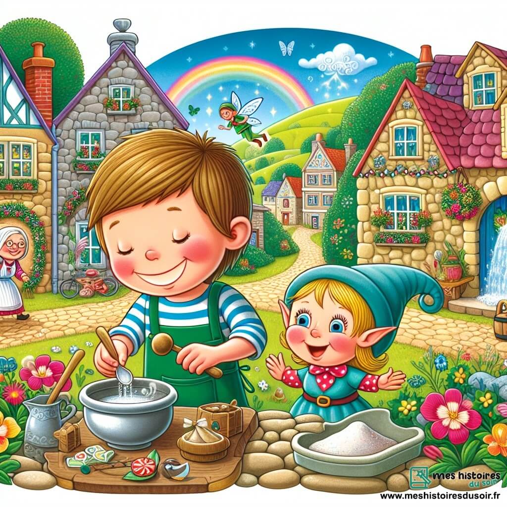 Une illustration destinée aux enfants représentant un garçon plein d'énergie préparant un cadeau spécial pour sa maman, accompagné d'un petit lutin malicieux, dans un village aux maisons colorées et aux rues pavées, entouré de fleurs sauvages et d'une fontaine enchantée.