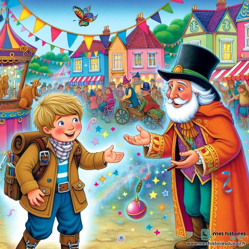 Une illustration destinée aux enfants représentant un garçon aventurier, un magicien mystérieux, un village coloré et enchanté lors du jour du carnaval.