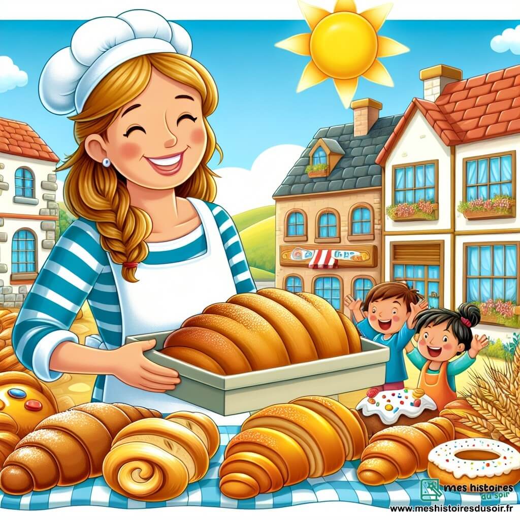 Une illustration destinée aux enfants représentant une femme boulangère souriante, entourée d'enfants joyeux, dans une boulangerie chaleureuse remplie de pains dorés, de croissants croustillants et de gâteaux colorés, située dans un petit village ensoleillé.
