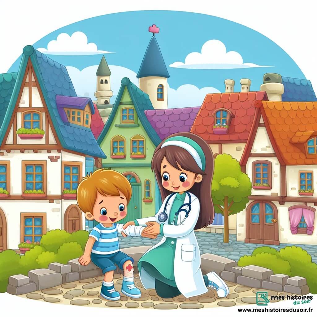 Une illustration destinée aux enfants représentant une jeune femme médecin au grand cœur, venant en aide à un petit garçon blessé, dans la charmante ville de Pommeville aux maisons colorées et aux rues pavées.