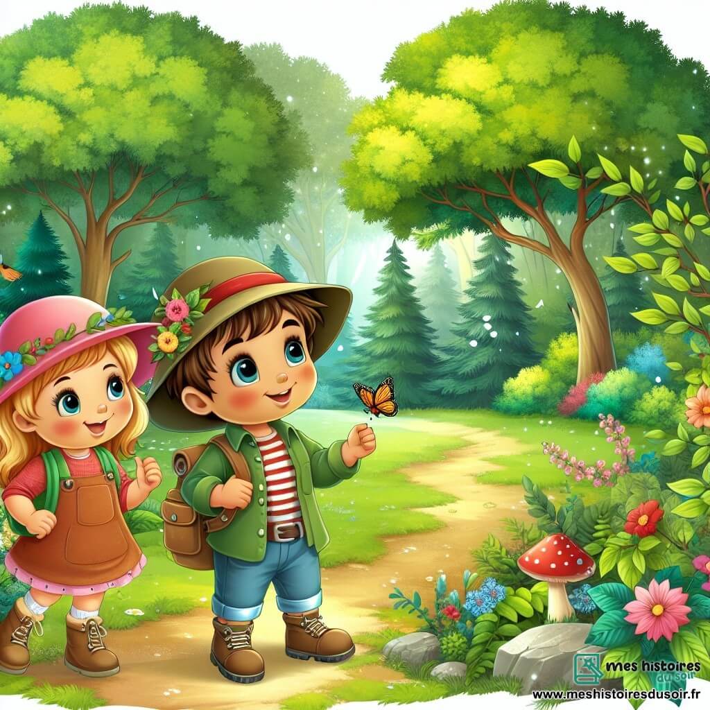 Une illustration destinée aux enfants représentant un petit garçon curieux et aventurier, accompagné d'une fillette, sa meilleure amie, découvrant la beauté de la nature printanière dans une forêt luxuriante, vibrant de couleurs et de vie.