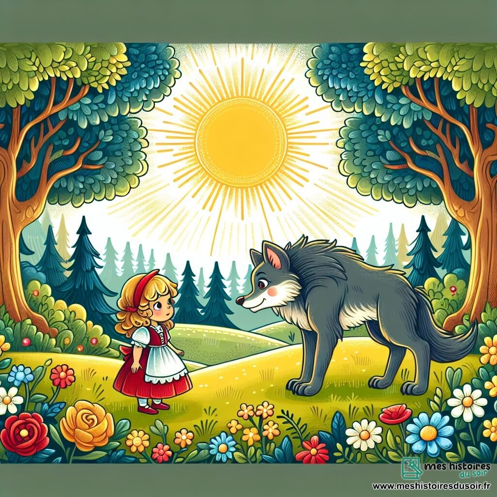 Une illustration destinée aux enfants représentant une petite fille douce et curieuse rencontrant un grand méchant loup dans une clairière ensoleillée de la forêt, avec des arbres majestueux et des fleurs colorées tout autour, créant une atmosphère à la fois mystérieuse et chaleureuse.