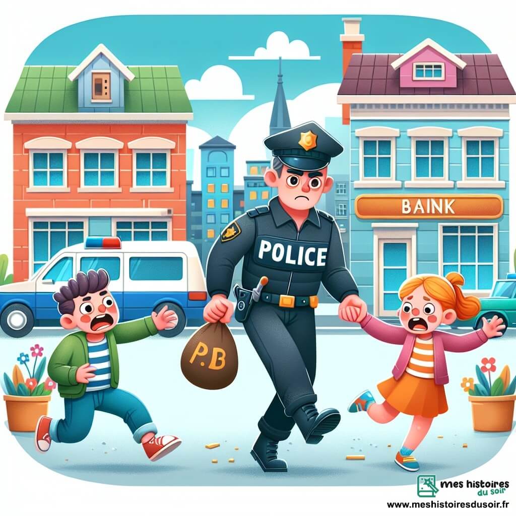 Une illustration destinée aux enfants représentant un policier (garçon) courageux en uniforme, arrêtant un voleur, avec deux enfants (un garçon et une fille) admiratifs, près d'une rue colorée et animée de petits immeubles et d'une banque en arrière-plan.