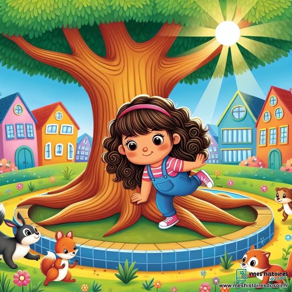 Une illustration destinée aux enfants représentant une petite fille aux boucles brunes affrontant un défi farfelu avec l'aide de ses amis animaux, sous un arbre majestueux au cœur d'une ville ensoleillée aux maisons colorées et aux jardins fleuris.