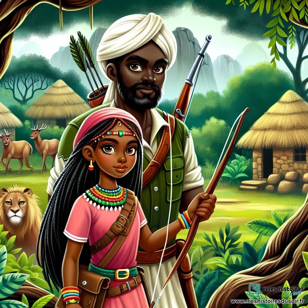 Une illustration destinée aux enfants représentant un chasseur courageux explorant une forêt mystérieuse en compagnie d'un sage aux yeux perçants, dans un village africain niché au cœur d'une nature luxuriante et mystique.