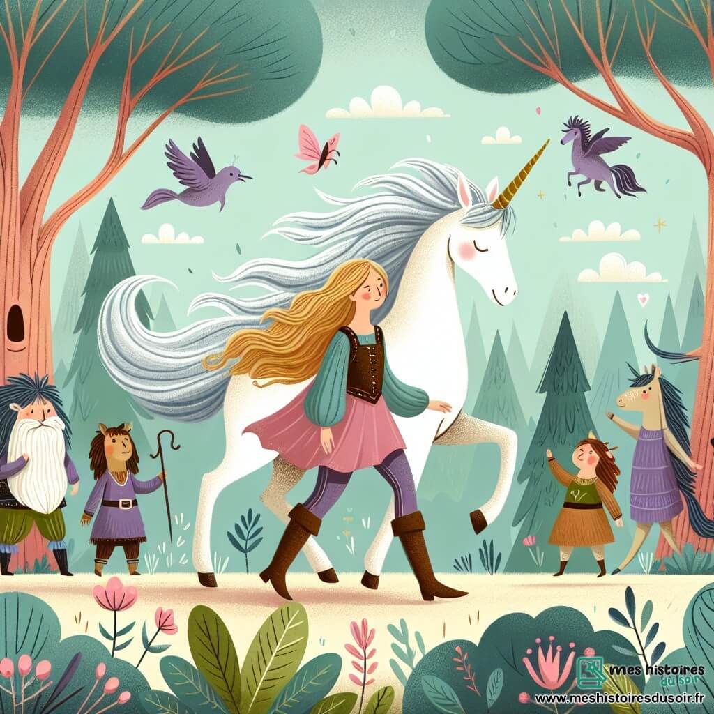 Une illustration destinée aux enfants représentant une jeune femme intrépide, accompagnée d'une licorne majestueuse, dans une forêt enchantée aux arbres parlants et aux animaux dansants.