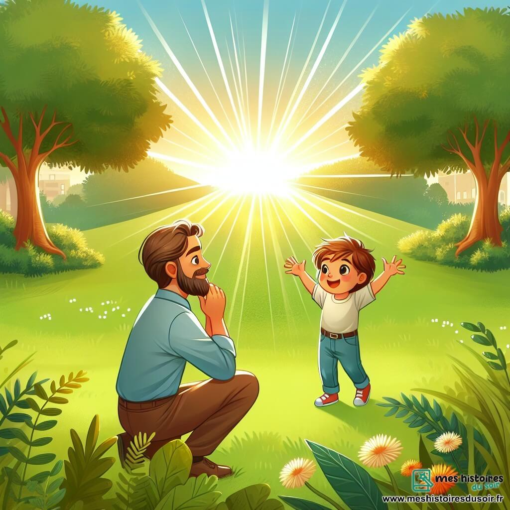 Une illustration destinée aux enfants représentant un petit garçon créatif et plein de surprises, un papa ému et reconnaissant, dans un parc verdoyant baigné par la lumière douce du matin.