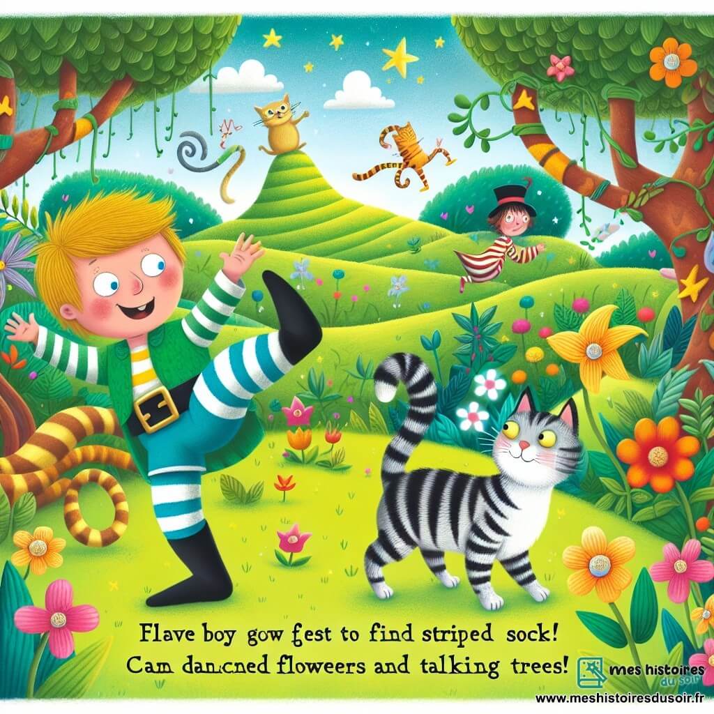 Une illustration destinée aux enfants représentant un garçon intrépide se lançant dans une quête loufoque pour retrouver sa chaussette rayée, accompagné d'un chat espiègle, dans un jardin magique aux fleurs dansantes et aux arbres parlants.
