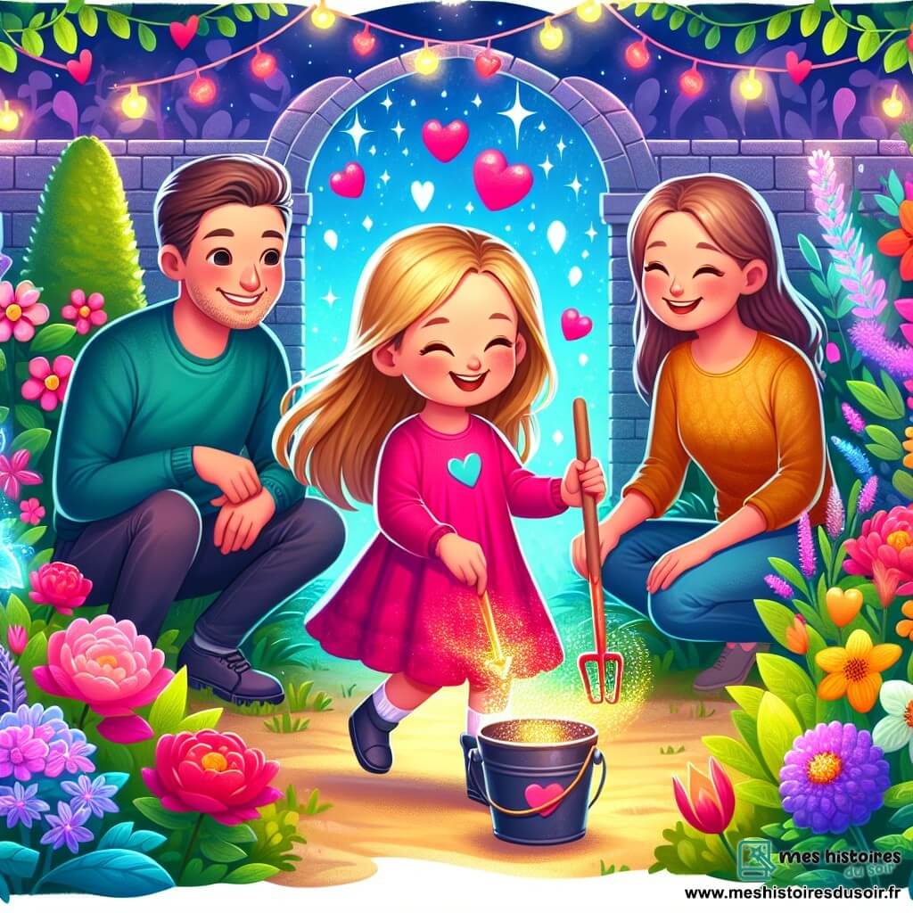 Une illustration destinée aux enfants représentant une fillette joyeuse préparant un jardin secret avec ses parents pour la Saint-Valentin, accompagnée de ses parents (un papa et une maman) dans un jardin coloré, parsemé de fleurs magiques et d'arbustes lumineux.