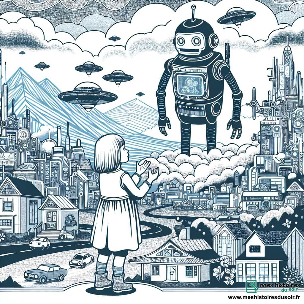 Une illustration destinée aux enfants représentant une petite fille curieuse vivant dans une ville futuriste, qui rencontre un robot mystérieux venu d'une autre planète, dans la Cité des Nuages, une ville située au sommet d'une montagne où les voitures volent dans les airs et les maisons sont en verre transparent.
