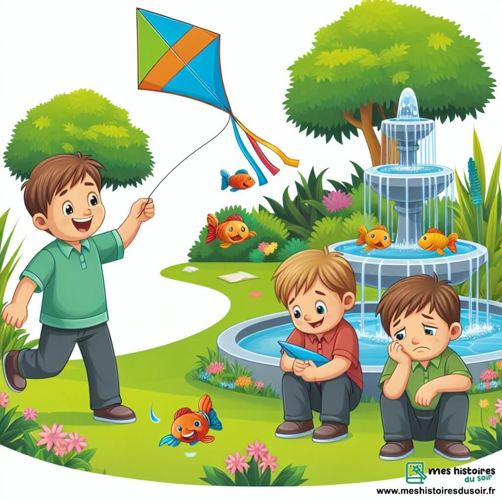 Une illustration destinée aux enfants représentant un petit garçon joyeux jouant avec un cerf-volant dans un parc verdoyant, accompagné d'un autre garçon, assis près d'une fontaine aux poissons colorés, exprimant de la tristesse.