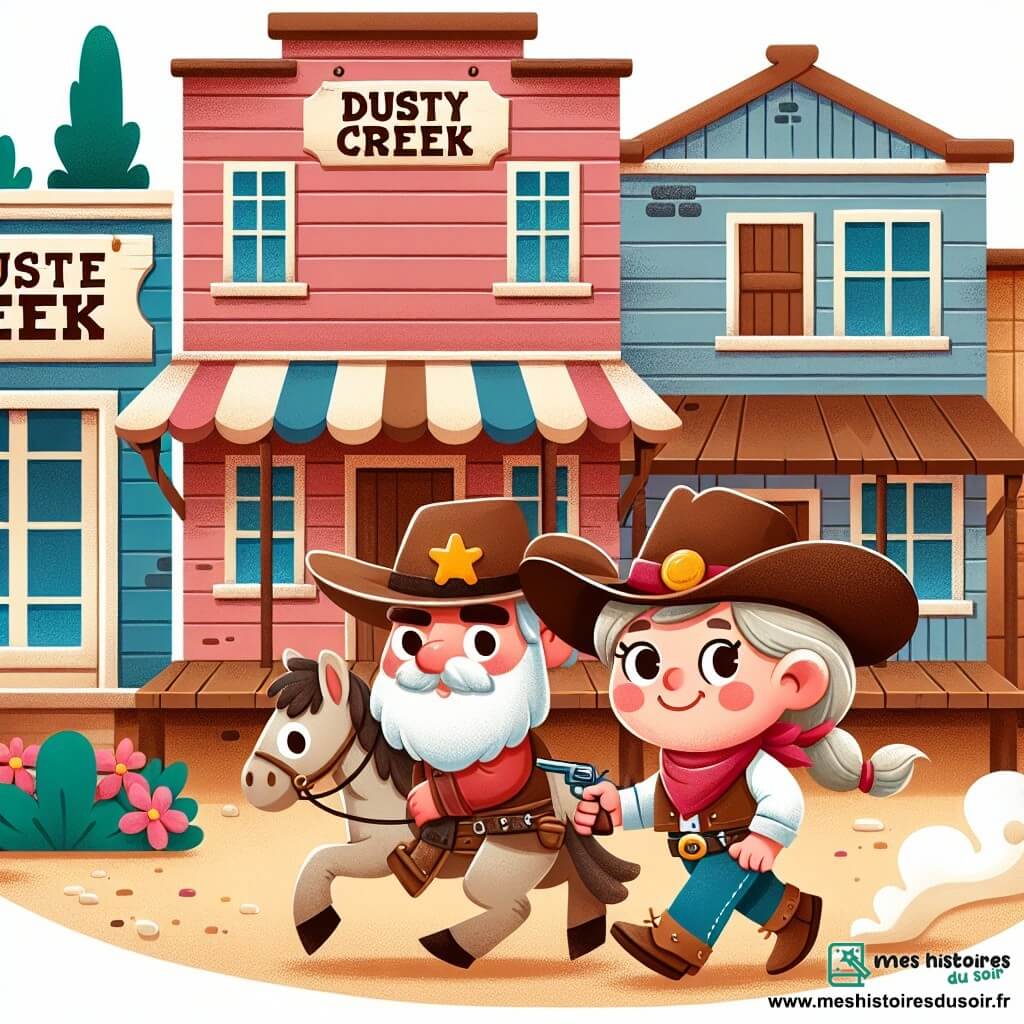 Une illustration destinée aux enfants représentant une cow-girl intrépide à la recherche d'aventures dans l'Ouest sauvage, accompagnée d'un sage shérif, dans la petite ville de Dusty Creek, avec ses rues en terre battue et ses bâtiments en bois aux enseignes colorées.
