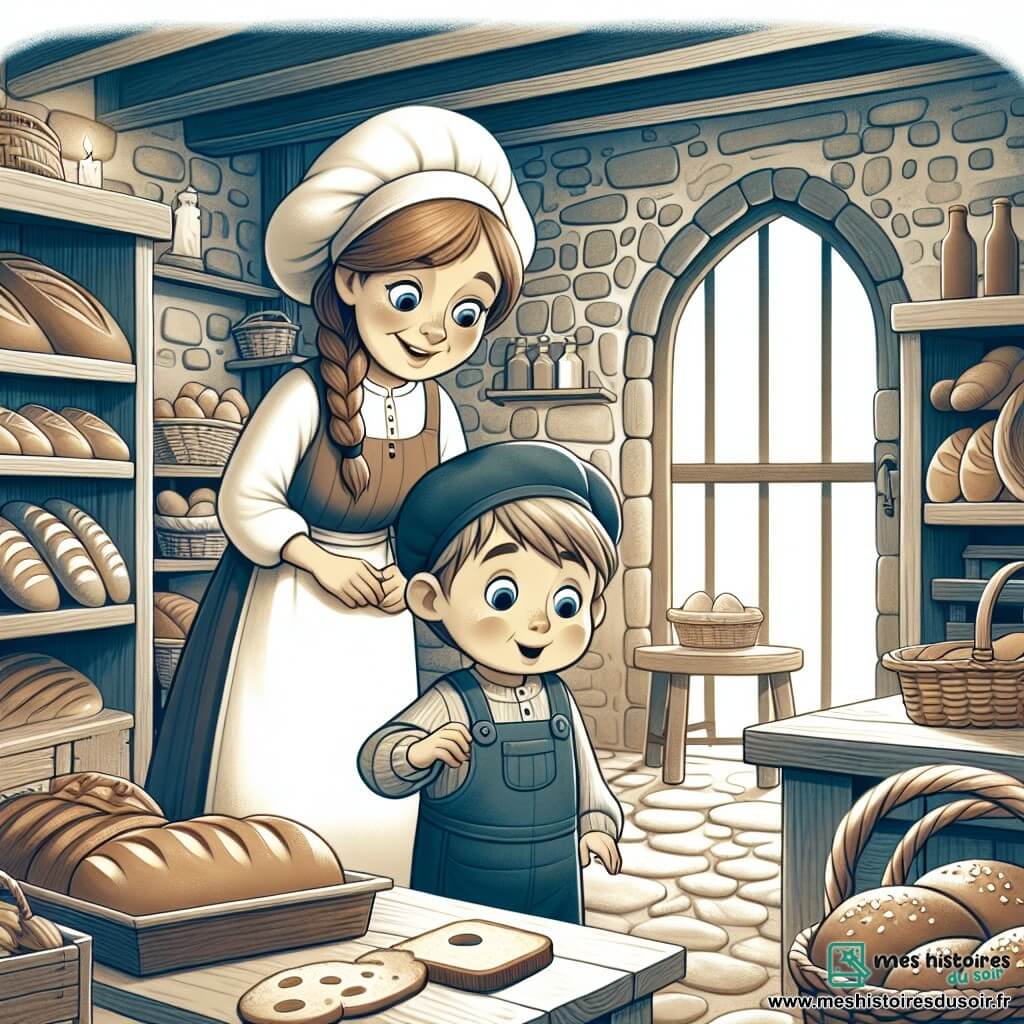 Une illustration destinée aux enfants représentant une femme boulanger talentueuse, un petit garçon curieux, dans une charmante boulangerie aux murs en pierre et aux poutres de bois, située dans le pittoresque village de Clairdelune.
