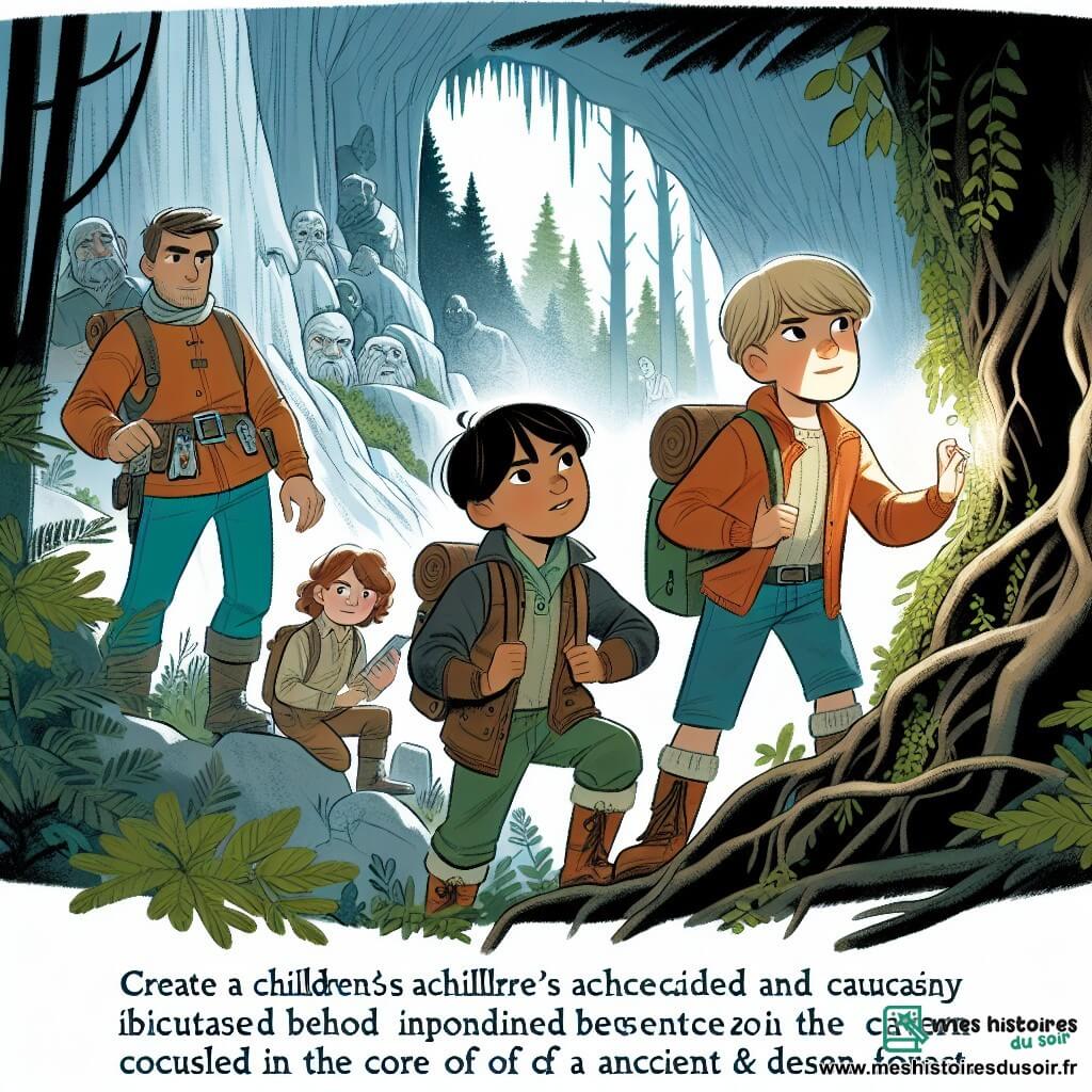Une illustration destinée aux enfants représentant un jeune garçon intrépide, accompagné de ses amis, explorant une grotte mystérieuse cachée au cœur d'une forêt dense et ancienne.