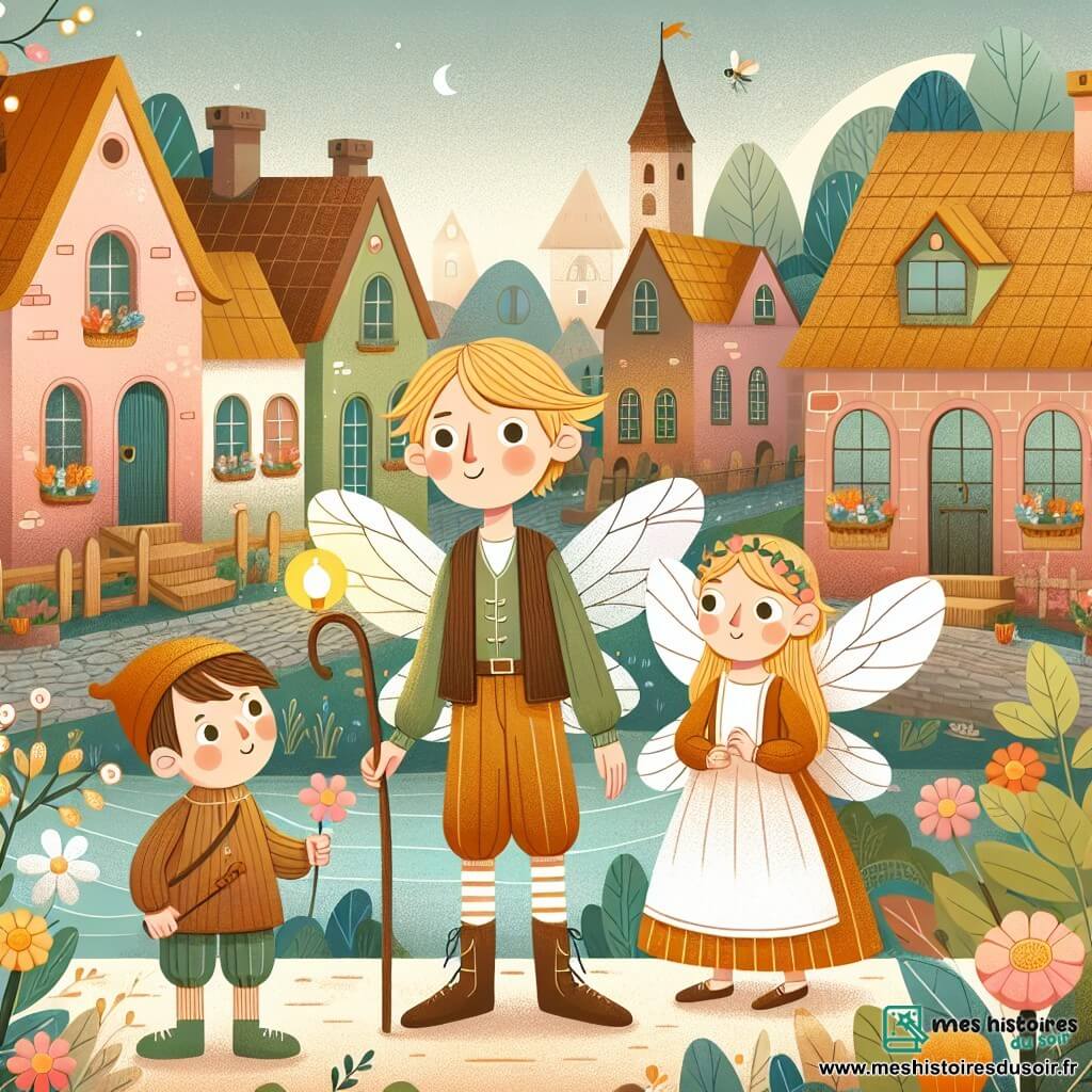Une illustration destinée aux enfants représentant un garçon en bois au cœur pur, entouré de ses amis, une petite luciole sage et une fée bienveillante, dans un village aux maisons colorées et aux rues pavées, éclairées par une douce lumière de fin d'après-midi.