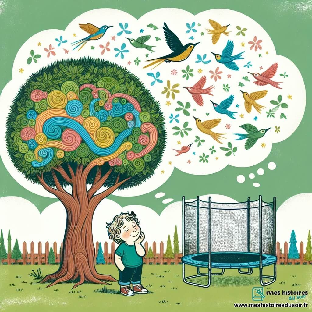 Une illustration destinée aux enfants représentant un petit garçon rêveur, un arbre majestueux, un trampoline géant et coloré, et des oiseaux virevoltant dans le ciel, dans un jardin verdoyant et plein de vie.