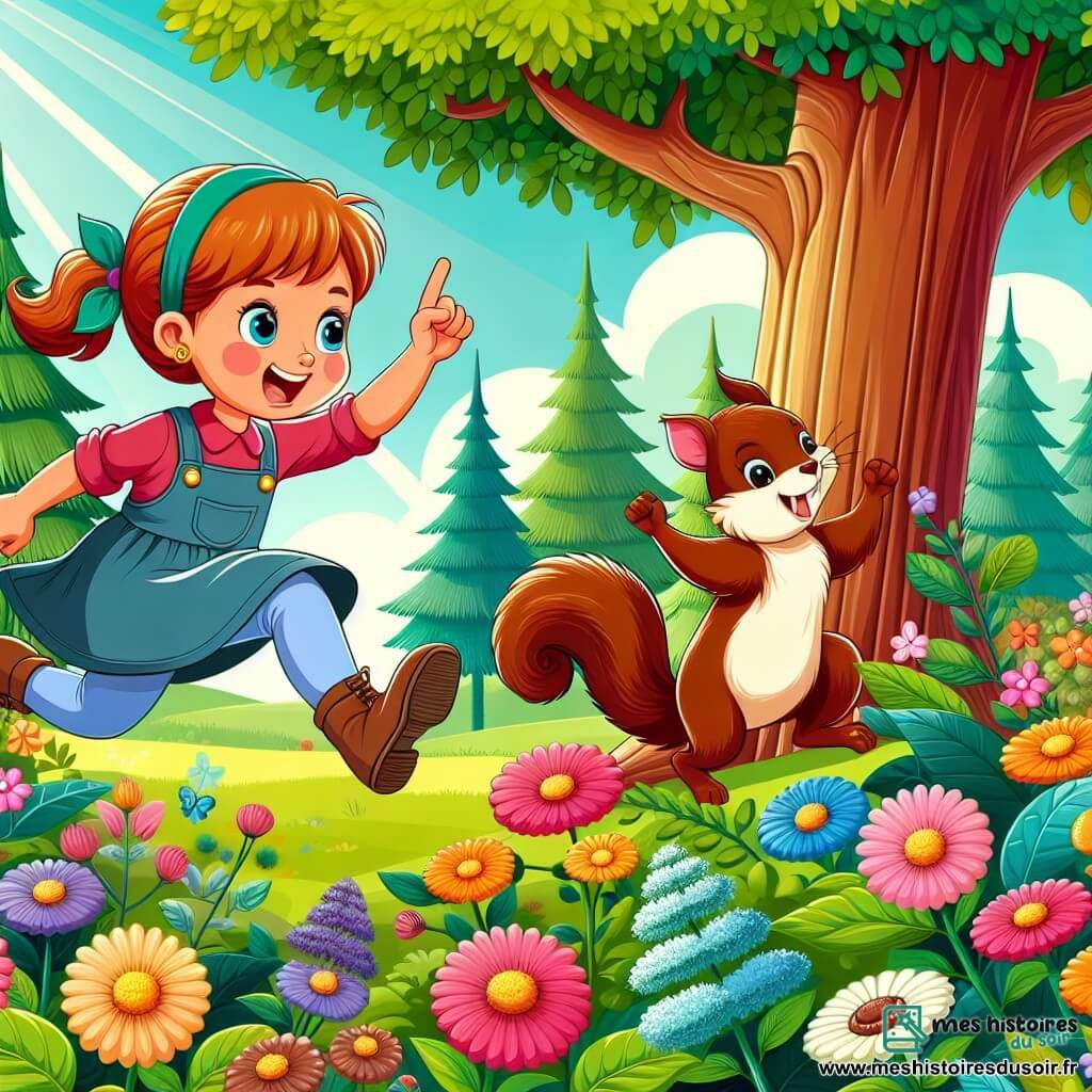 Une illustration destinée aux enfants représentant une petite fille pleine d'énergie affrontant un défi impossible, avec l'aide d'un écureuil malicieux, dans un jardin luxuriant parsemé de fleurs multicolores et d'arbres majestueux.