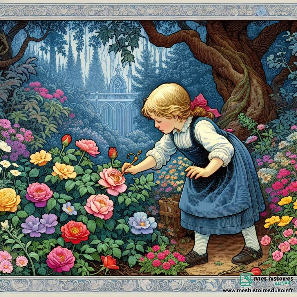 Une illustration destinée aux enfants représentant une jeune fille curieuse et pleine de vie, découvrant un mystérieux jardin secret rempli de fleurs colorées, accompagnée d'une rose fanée qui reprend vie sous ses soins attentifs, dans un jardin enchanté entouré d'arbres majestueux et de buissons fleuris.