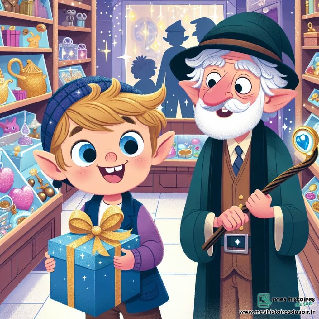 Une illustration destinée aux enfants représentant un garçon, en quête du cadeau parfait pour son papa pour la fête des pères, accompagné d'un vieux monsieur malicieux, dans une boutique de cadeaux remplie de trésors scintillants et de mystères enchantés.