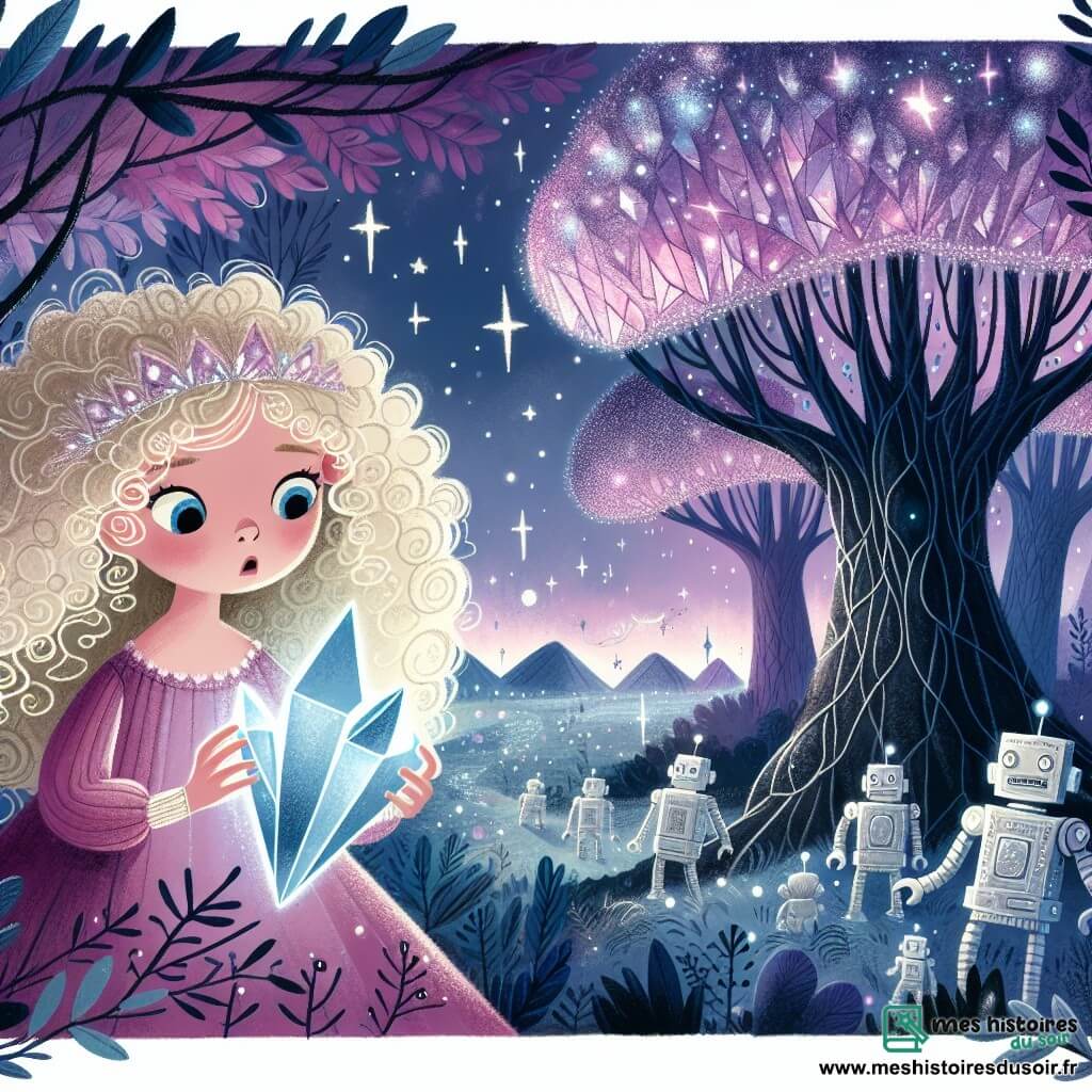 Une illustration destinée aux enfants représentant une fille aux boucles blondes découvrant un cristal mystérieux dans une forêt enchantée, accompagnée de robots étincelants, dans un royaume où des arbres géants aux feuilles argentées s'élèvent vers un ciel violet parsemé d'étoiles scintillantes.