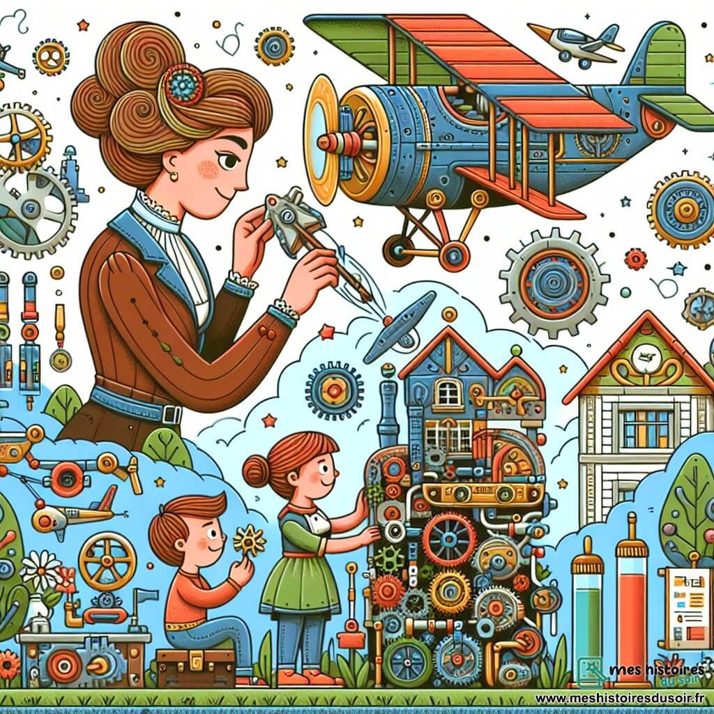 Une illustration destinée aux enfants représentant une inventeuse extraordinaire (femme) construisant une machine volante avec l'aide de deux enfants (garçon et fille) dans un petit village paisible rempli de rouages, de tubes colorés et d'étranges machines.