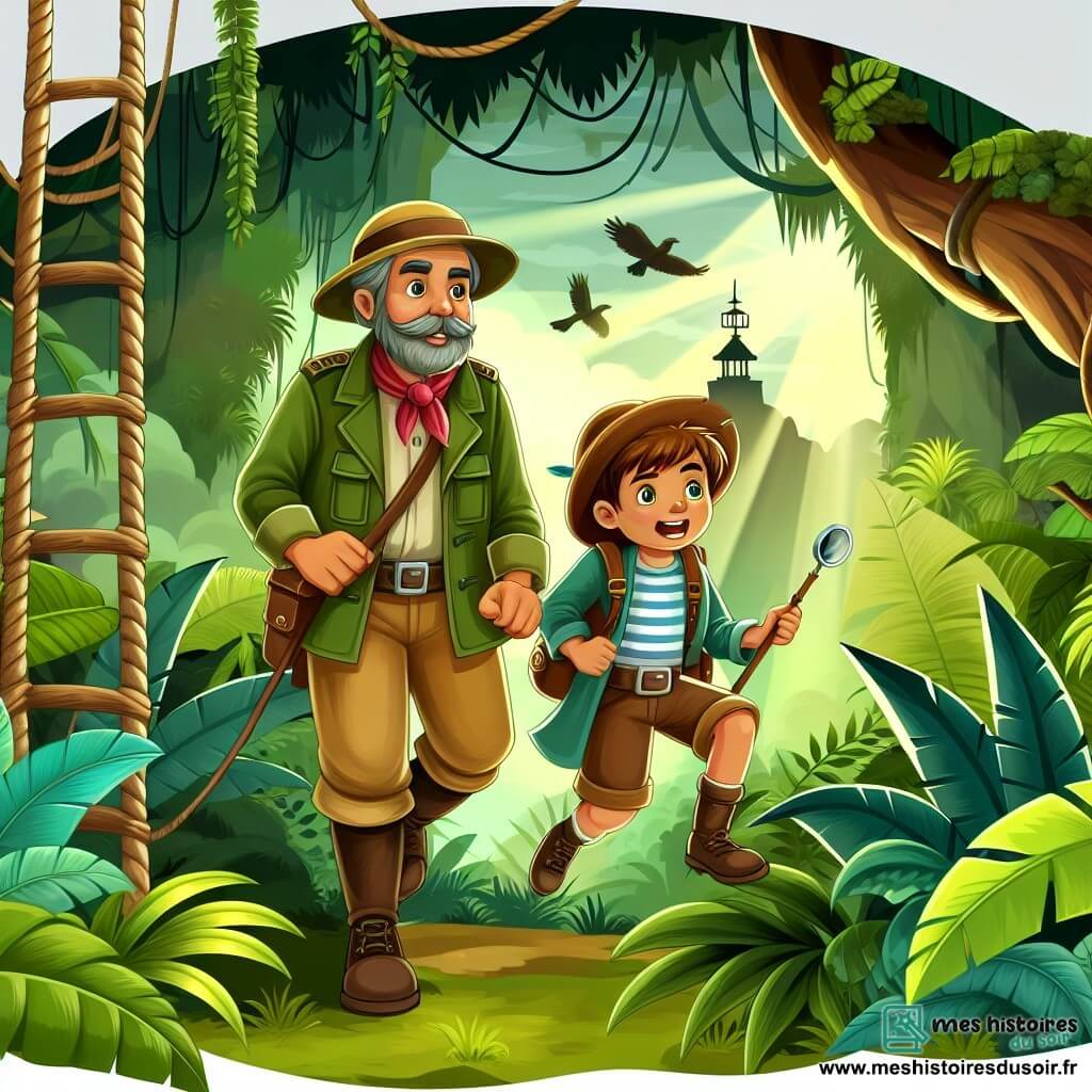 Une illustration destinée aux enfants représentant un explorateur courageux (garçon) et son guide expérimenté (garçon) se lançant dans une expédition périlleuse à travers une jungle luxuriante et mystérieuse.