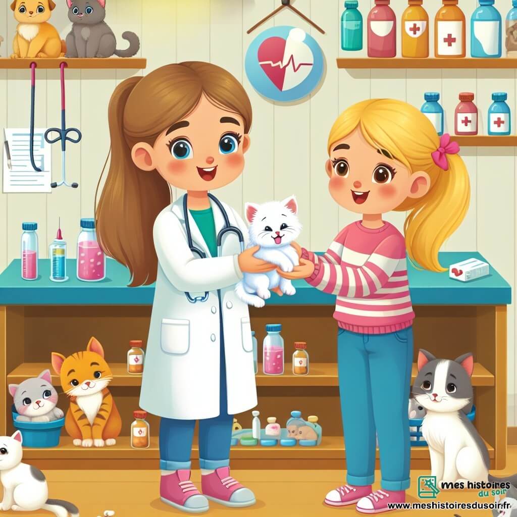 Une illustration destinée aux enfants représentant une jeune fille passionnée par les animaux, aidant une petite chatte blanche blessée, dans une clinique vétérinaire chaleureuse remplie d'animaux de toutes sortes et d'instruments médicaux colorés.