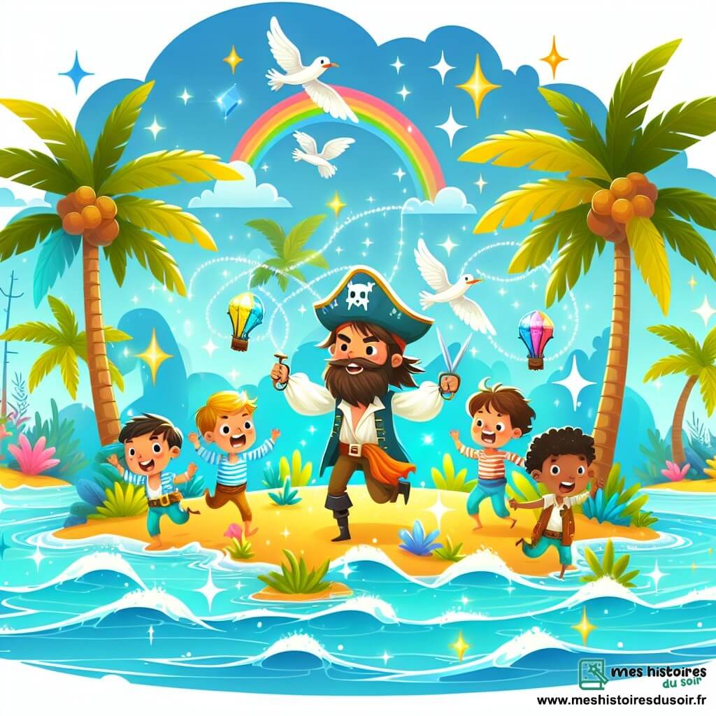 Une illustration destinée aux enfants représentant un courageux pirate barbu, entouré de son équipage haut en couleur, explorant une île mystérieuse aux palmiers dansants et aux eaux cristallines scintillantes.