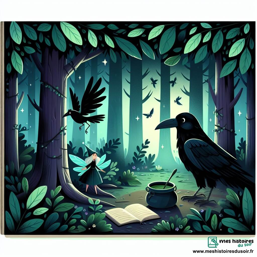 Une illustration destinée aux enfants représentant un corbeau au plumage noir comme l'ébène, résolvant un mystère avec l'aide d'une fée enchantée, dans une sombre forêt enchantée où la lumière filtre à travers les feuilles émeraude.