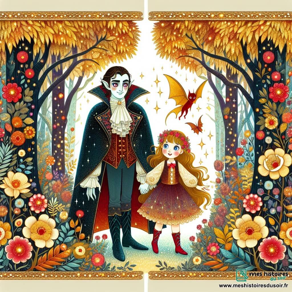 Une illustration destinée aux enfants représentant un vampire au regard envoûtant, faisant équipe avec une petite fille courageuse, dans une forêt enchantée aux arbres aux feuilles d'or scintillantes et aux fleurs magiques aux couleurs chatoyantes.