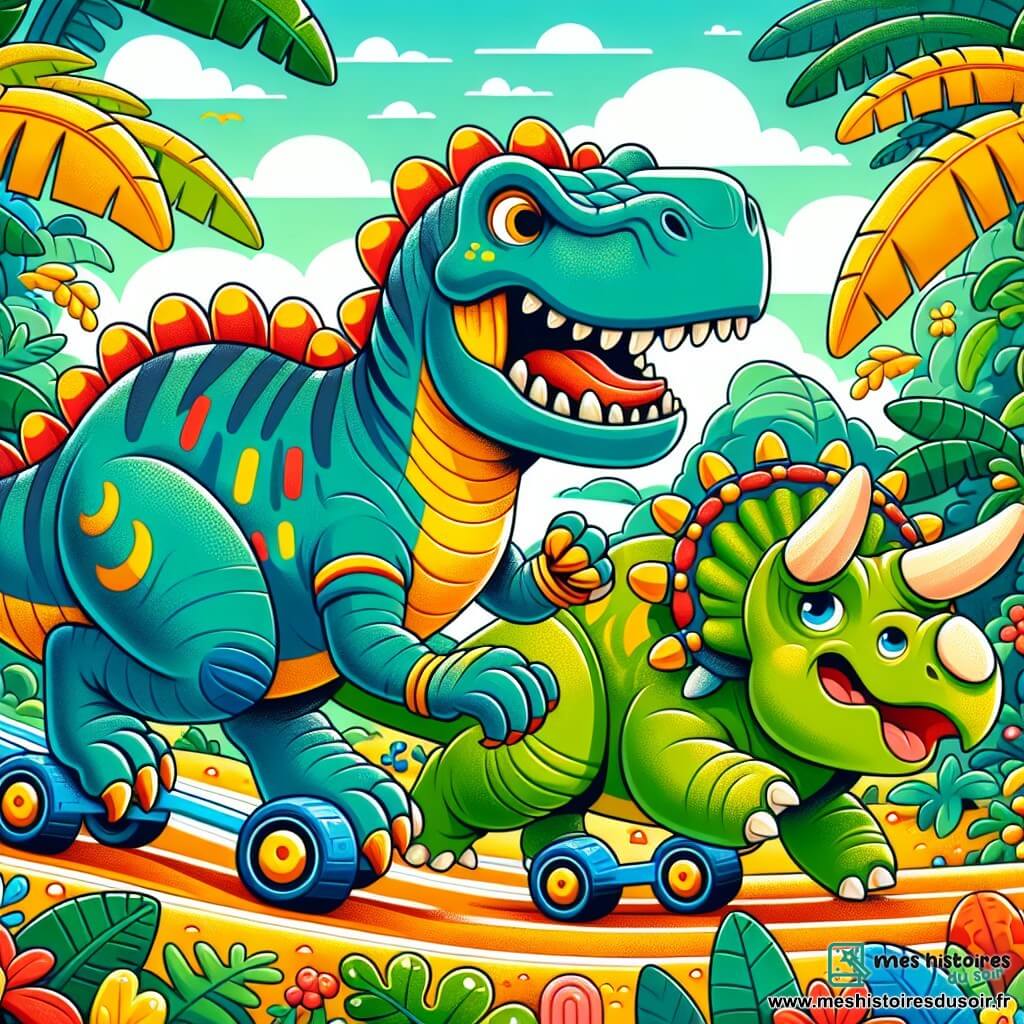 Une illustration destinée aux enfants représentant un puissant Tyrannosaure Rex se préparant pour une grande course, accompagné de son fidèle ami Tricératops, dans une jungle luxuriante et colorée de l'époque préhistorique.