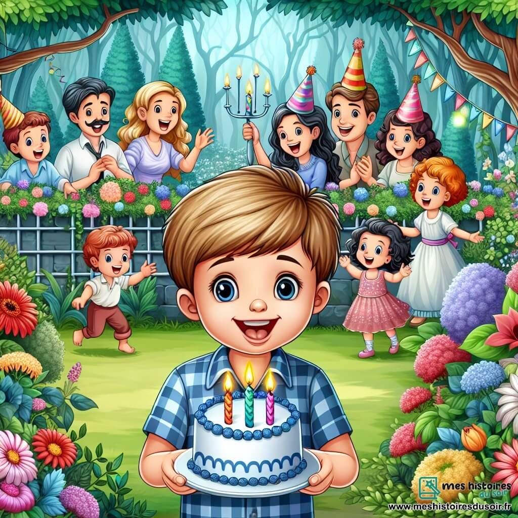 Une illustration destinée aux enfants représentant un petit garçon au sourire espiègle fêtant son anniversaire entouré de sa famille et de ses amis, dans un jardin enchanté rempli de fleurs colorées et d'arbres majestueux.