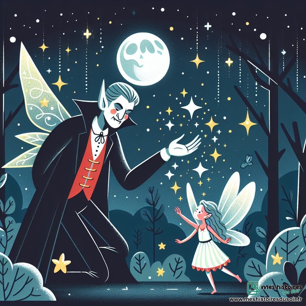 Une illustration destinée aux enfants représentant un vampire bienveillant se liant d'amitié avec une petite fée dans une forêt magique illuminée d'étoiles scintillantes.