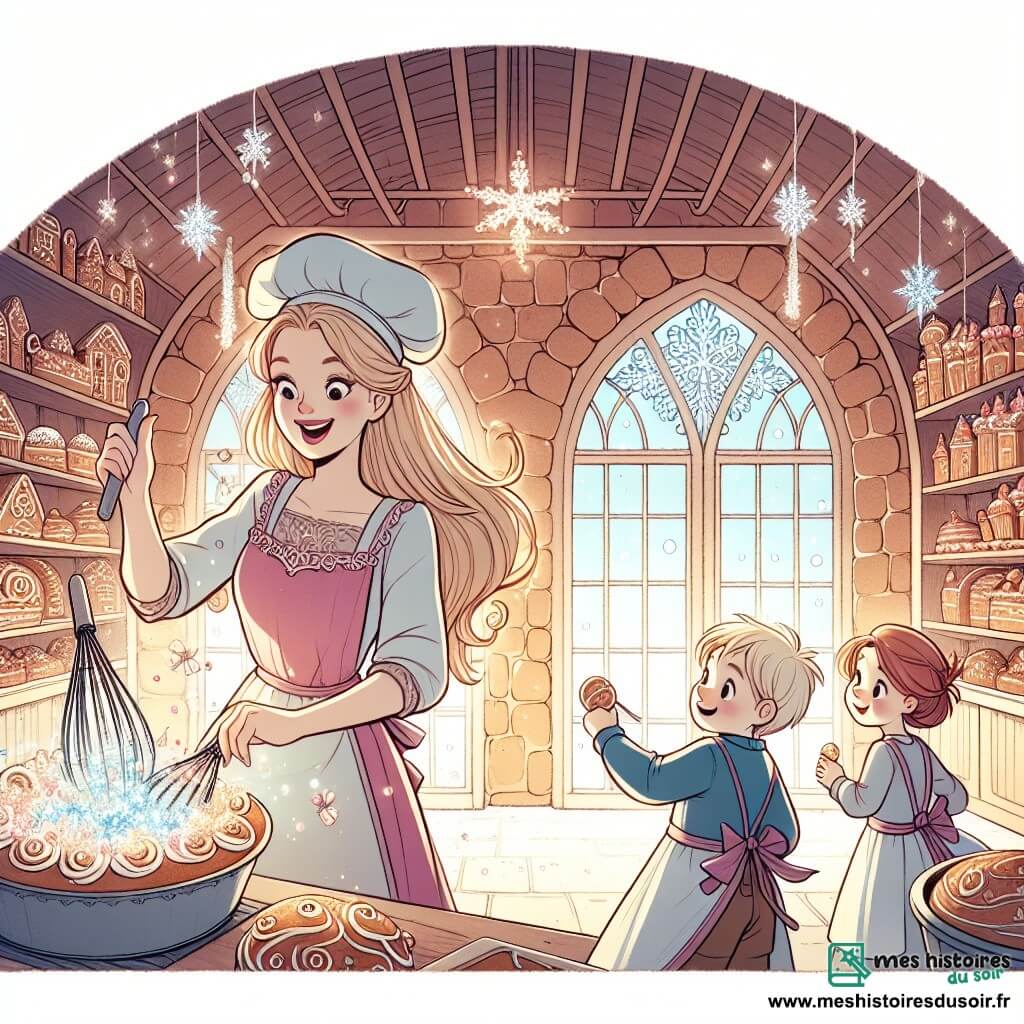 Une illustration destinée aux enfants représentant une femme boulangerie passionnée concoctant des pâtisseries magiques pour deux enfants curieux, un garçon et une fille, dans une boulangerie enchantée aux murs de pain d'épices et aux fenêtres scintillantes de sucre cristallisé, située dans le village de Douceville.