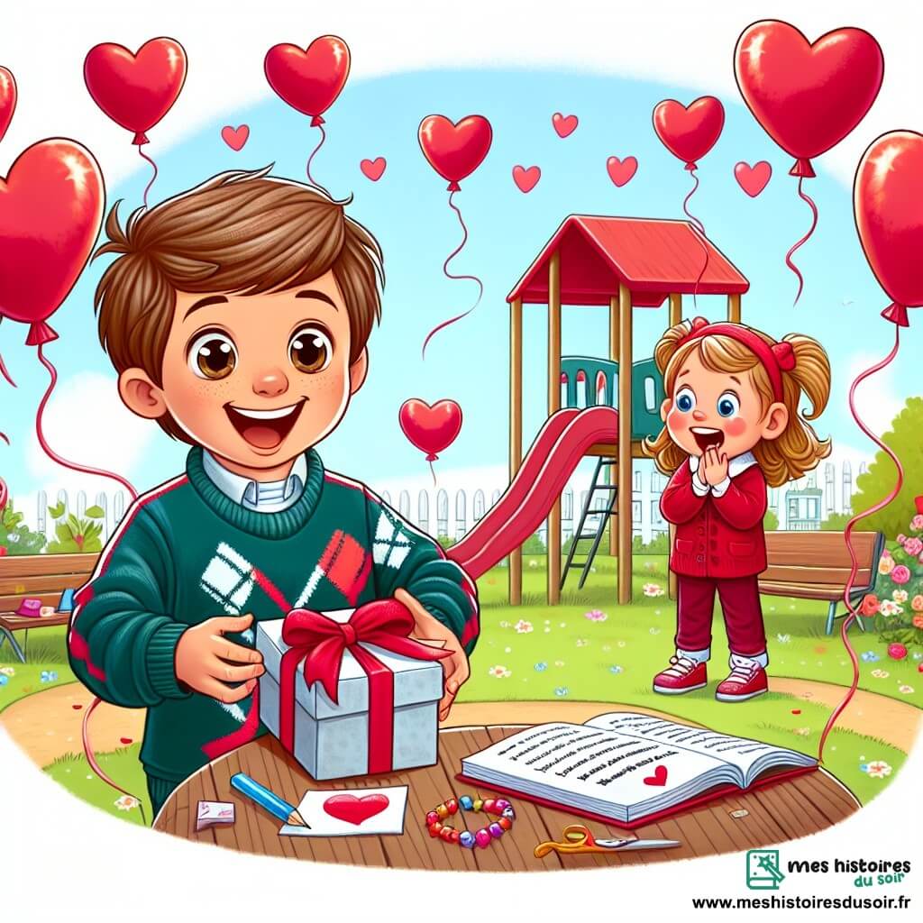 Une illustration destinée aux enfants représentant un garçon plein d'enthousiasme préparant une surprise pour une camarade de classe, une fille aux yeux écarquillés de surprise, dans la cour de récréation décorée de ballons en forme de cœur pour la Saint-Valentin.