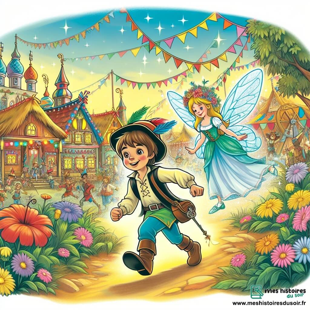 Une illustration destinée aux enfants représentant un petit garçon, un personnage principal, vivant une aventure magique avec une fée, un personnage secondaire, au cœur d'un village animé et coloré lors du carnaval.