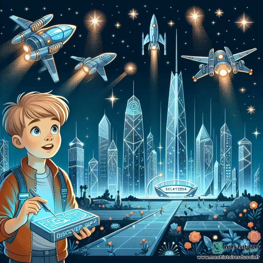 Une illustration destinée aux enfants représentant un jeune garçon émerveillé par les vaisseaux volants dans une ville futuriste scintillante, accompagné d'une machine de découverte nommée Cristal, dans le parc technologique d'Éclatéria, où les gratte-ciel illuminés brillent comme des étoiles.