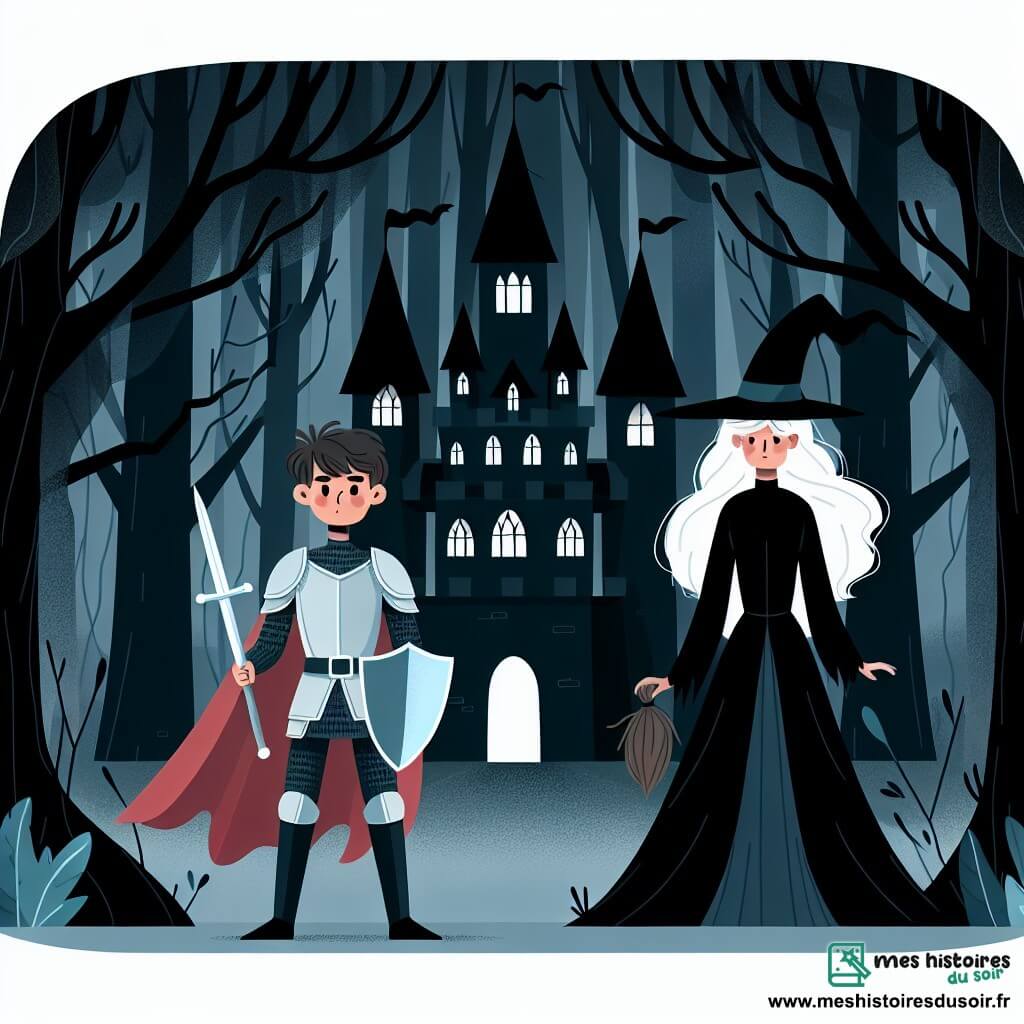 Une illustration destinée aux enfants représentant un courageux chevalier se tenant devant le mystérieux Château des Ombres, accompagné d'une sorcière sinistre, dans une sombre forêt enchantée aux arbres murmurs.