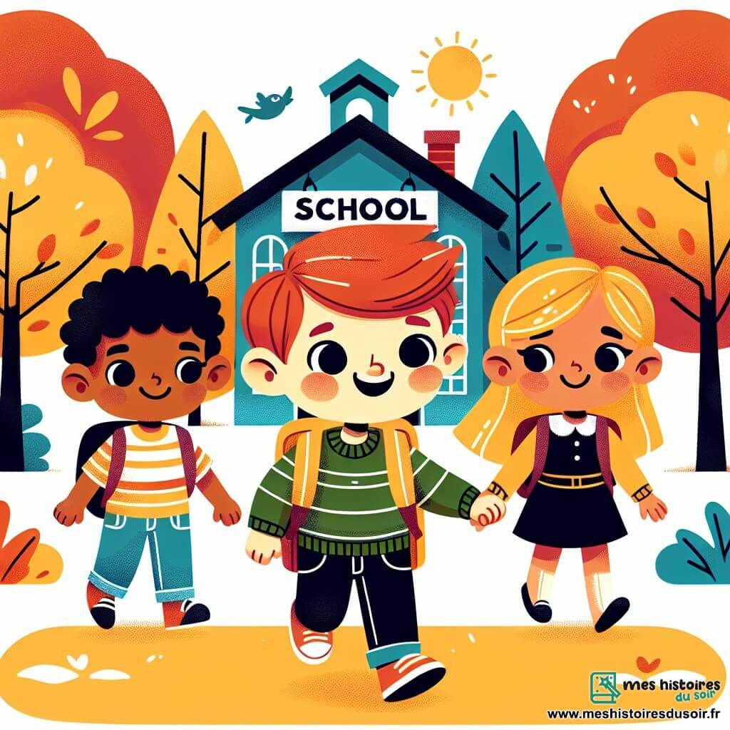 Une illustration destinée aux enfants représentant un petit garçon enthousiaste le jour de la rentrée des classes, accompagné de ses amis, une fille rousse et un garçon blond, se rendant à une école colorée entourée de grands arbres aux feuilles dorées.