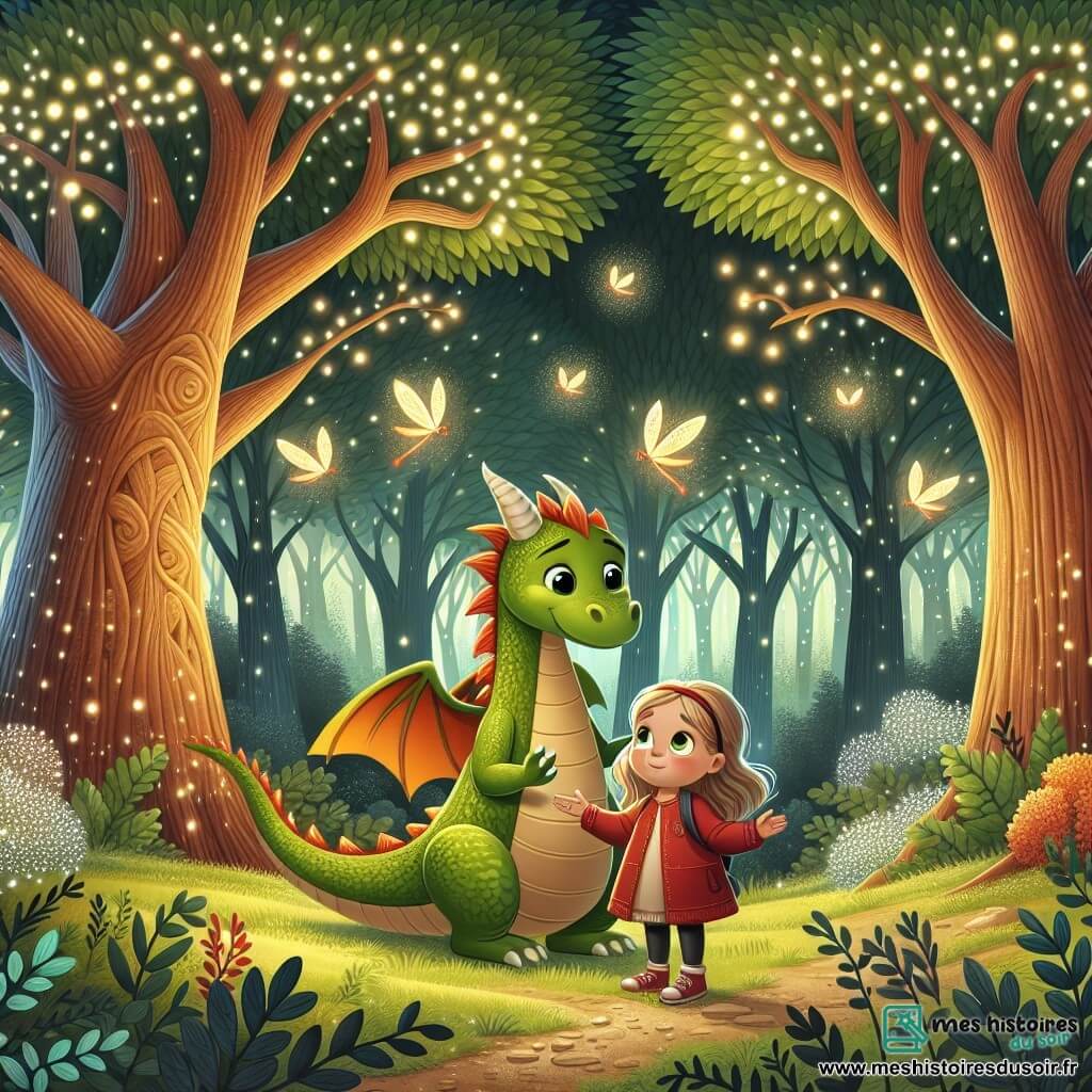 Une illustration destinée aux enfants représentant un dragon bienveillant vivant dans une forêt enchantée, accompagné d'une fillette perdue, entourés d'arbres majestueux aux feuilles chatoyantes et de lucioles dansant.