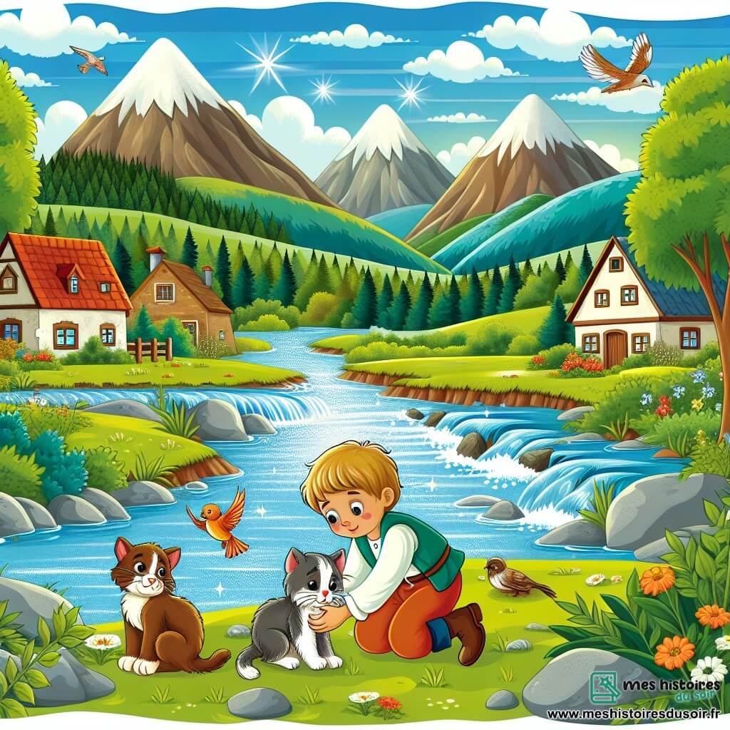 Une illustration destinée aux enfants représentant un garçon au cœur vaillant, aidant un chaton abandonné et un oiseau blessé, dans un village paisible entouré de montagnes verdoyantes et d'une rivière étincelante.