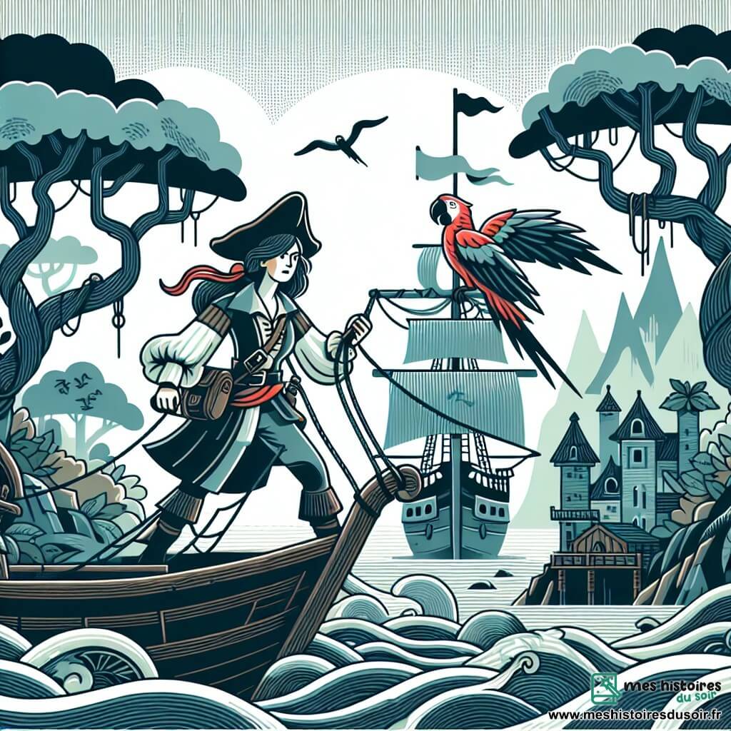 Une illustration destinée aux enfants représentant une courageuse pirate (femme) naviguant sur un navire à la recherche d'un trésor légendaire, accompagnée de son fidèle perroquet (garçon), sur une île mystérieuse aux arbres tordus et à la brume étrange.