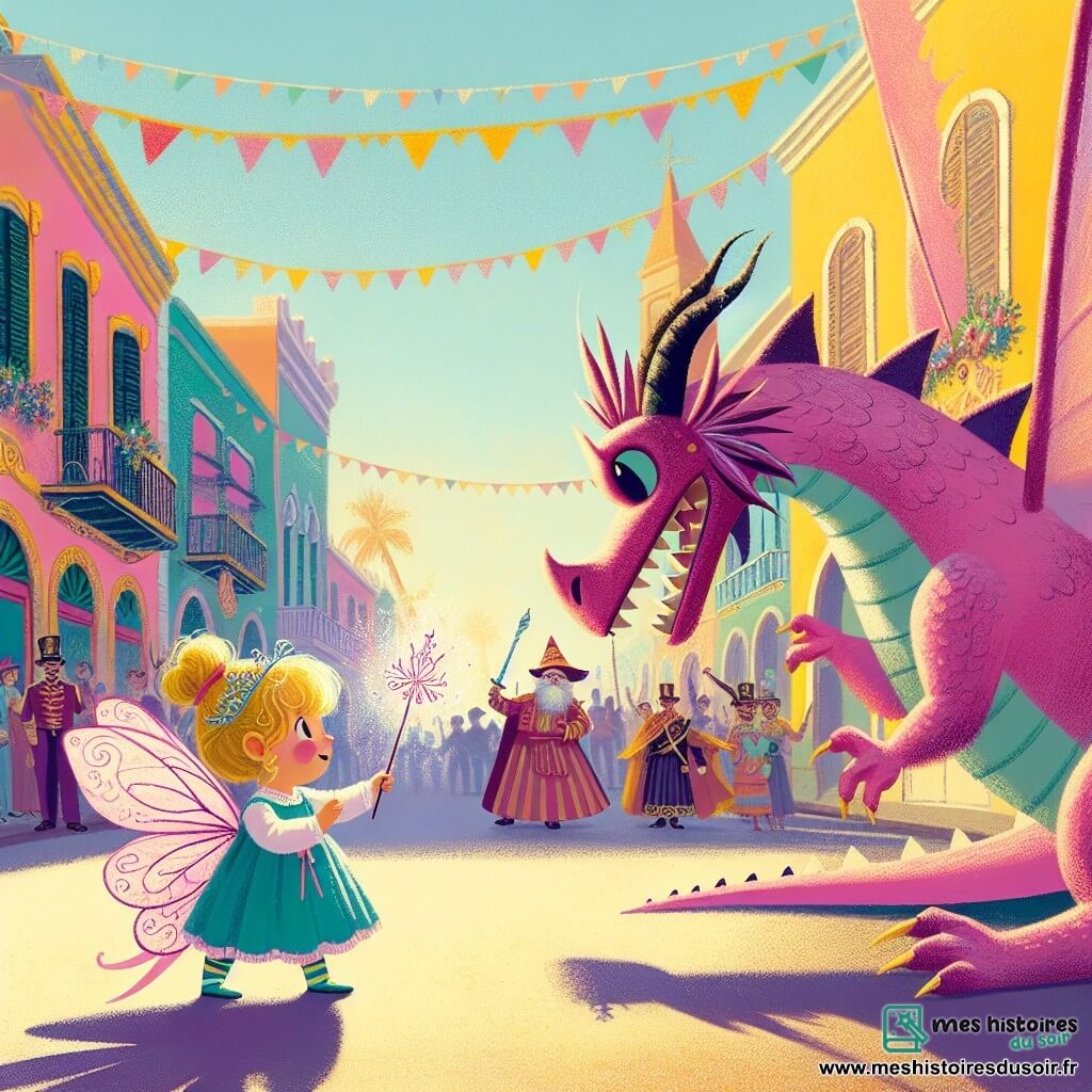 Une illustration destinée aux enfants représentant une petite fille déguisée en fée, affrontant un dragon rose avec sa baguette magique lors du défilé du carnaval, dans les rues ensoleillées et colorées du village de Pomponville.