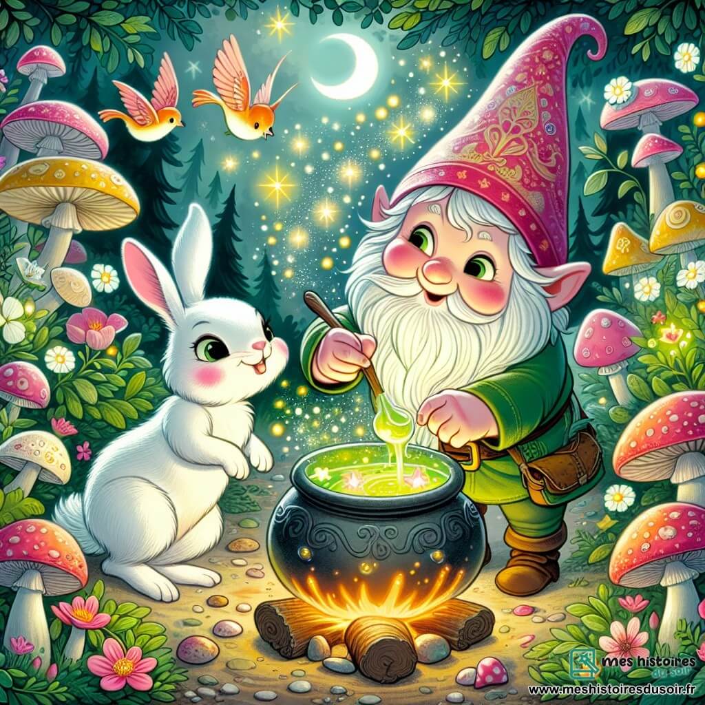 Une illustration destinée aux enfants représentant un lutin espiègle et attachant concoctant une potion magique avec son ami le lapin blanc dans une clairière enchantée entourée de champignons lumineux, de fleurs scintillantes et d'oiseaux chanteurs.